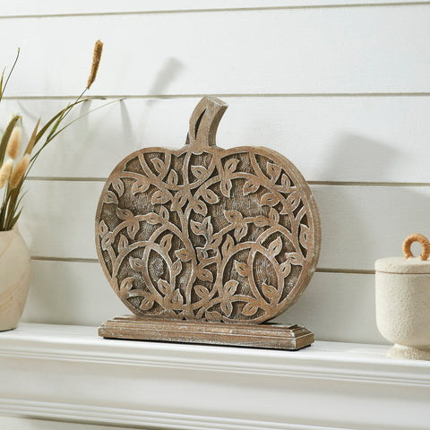 Harvest Vine Carved Wooden Pumpkin-Lange General Store