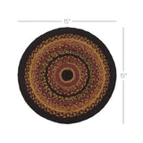 Heirloom Farm Braided Trivet 15" size diagram on white background showing 15 inch diameter round jute trivet with mustard tan, burgundy, and raven black braids
