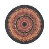 Heirloom Farm Braided Trivet 15" single round trivet overhead view on white background showing full alternating mustard tan, burgundy, and raven black jute braid pattern