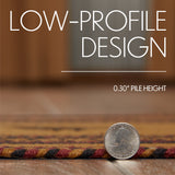 Heirloom Farm Primitive Crow Half Circle Rug low-profile design infographic showing 0.30 inch pile height next to a quarter coin for scale