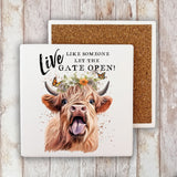 Highland Cow Life Life Gate Open Stone Coaster-Lange General Store