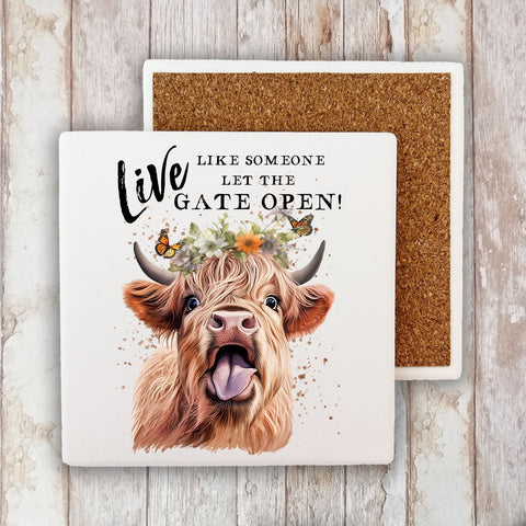 Highland Cow Life Life Gate Open Stone Coaster-Lange General Store