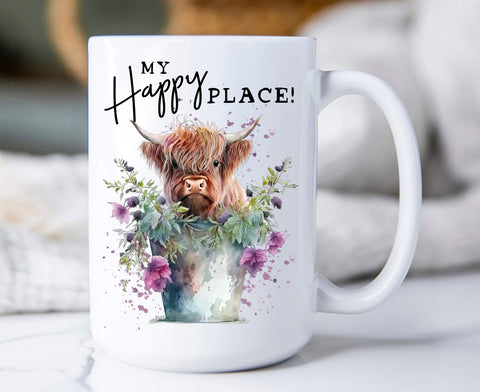 Highland Cow My Happy Place Mug-Lange General Store