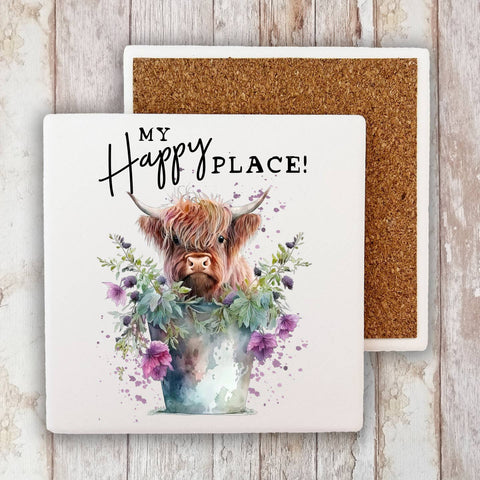 Highland Cow My Happy Place Stone Coaster-Lange General Store