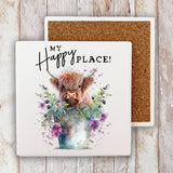 Highland Cow My Happy Place Stone Coaster-Lange General Store