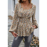 Khaki Square Neck Long Sleeve Ruched Shirt-Lange General Store