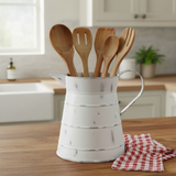 Layne White Milk Pitcher with wood utensils and a red-and-white towel