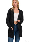 Long Sleeve Popcorn Sweater Cardigan with Pockets - Black-Lange General Store