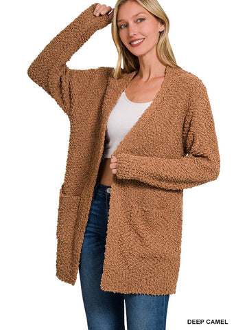 Long Sleeve Popcorn Sweater Cardigan with Pockets - Deep Camel-Lange General Store