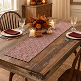 Medallion Burgundy Tan Jacquard Table Runner 12x48 fall setting