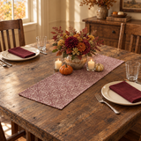 Medallion Burgundy Tan Jacquard Table Runner 12x36 in a fall table setting