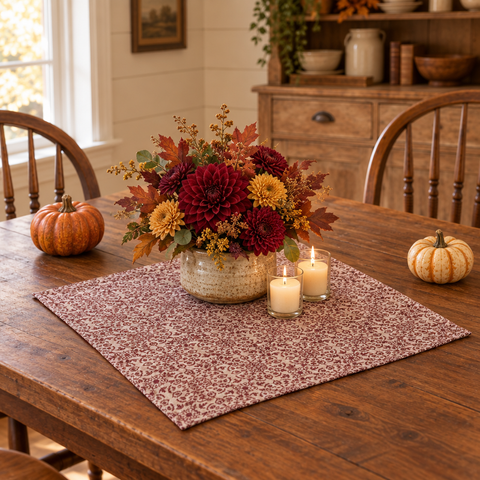 Medallion Burgundy Tan Jacquard Table Topper 20x20 in a fall setting
