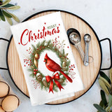 Merry Christmas Wreath Cardinal Bird Flour Sack Towel