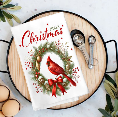 Merry Christmas Wreath Cardinal Bird Flour Sack Towel