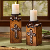 Mission Pillar Candle Holders with green textiles