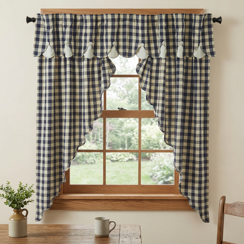 My Country Navy & Khaki Prairie Curtains in a farmhouse breakfast nook
