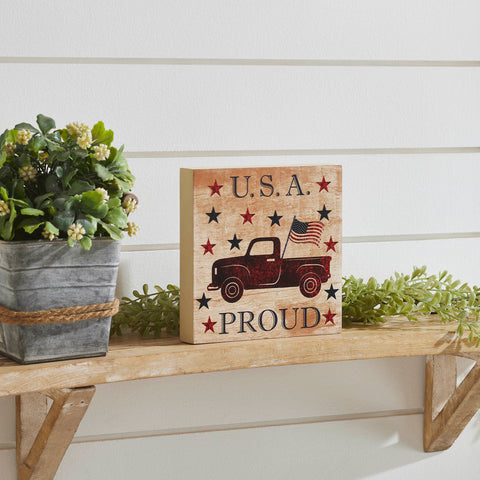 My Country USA Proud Red Truck w/Red &Blue Stars Block Sign-Lange General Store