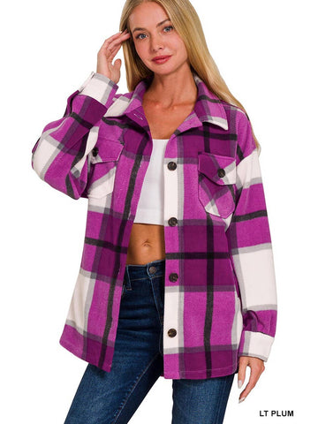Oversized Plaid Fleece Shacket - Plum-Lange General Store