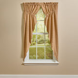Simmons plaid prairie curtains 63 inches long styled with drawstring ties pulled up in prairie silhouette
