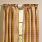 Simmons plaid short panel curtains 63 inches long styled on a farmhouse dining room window
