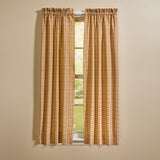 Simmons plaid short panel curtains set of 2 in tan, cream, light brown, and barn red hanging on farmhouse window

