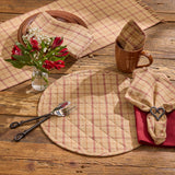 Simmons plaid table runner styled with matching Simmons plaid quilted placemats and napkins
