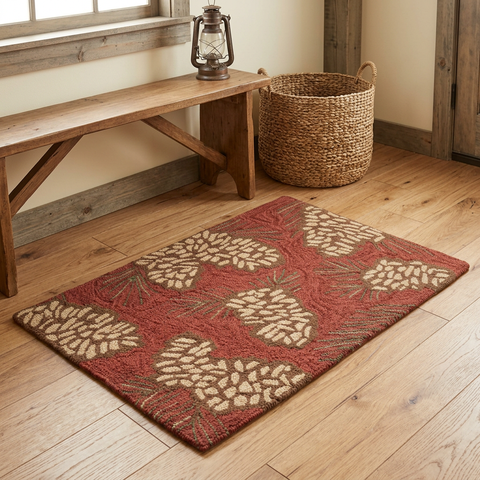 24 by 36 inch Pinecone Hooked Rug in a cozy rustic entryway