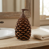 Pinecone Soap Dispenser in a rustic bathroom setting