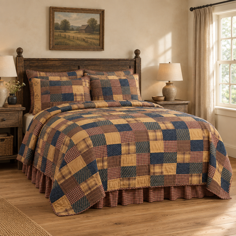 Primitive Patch Quilt in a new farmhouse bedroom