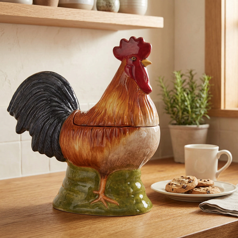 Rooster Day Cookie Jar in a farmhouse kitchen