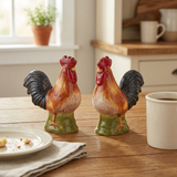 Rooster Day Salt & Pepper Shaker Set on a farmhouse breakfast table