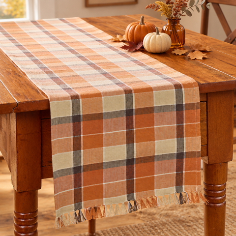Plaid table runner photo with fall accents and a slightly wider view
