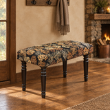 Rustic Pinecone Hooked Bench in a woodland cabin entryway