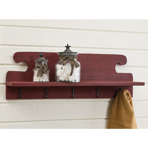 Rustic Red Shelf With Hooks-Lange General Store