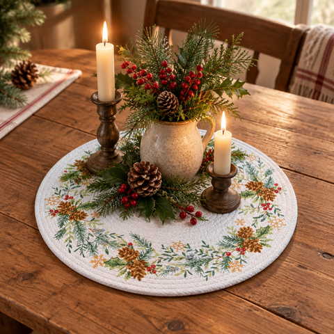 Sage Evergreen Braided Placemat as a Christmas centerpiece