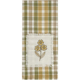 Sage & Mustard Plaid Dishtowel with a floral embroidery on a white background