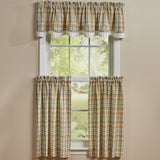 Sage & Mustard Plaid Layered Valance and matching 36" Tiers in a sage green, light mustard, putty brown, and white plaid pattern, shown hanging on a white-framed window against a beige wall.