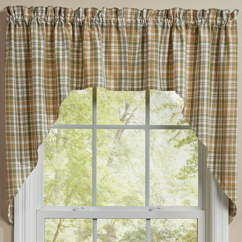 Sage & Mustard Plaid Swags curtains hnaging on a window and a view of trees outside
