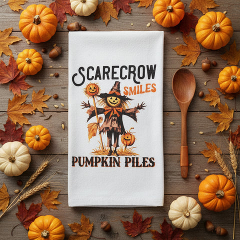 Scarecrow Smiles Pumpkin Piles Flour Sack Towel