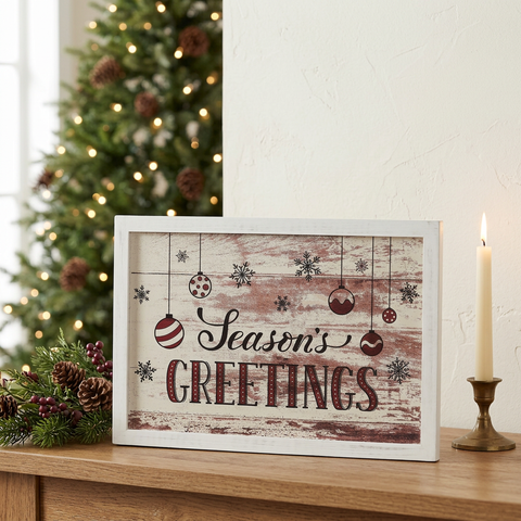 Season’s Greetings Ornaments Sign in a Christmas console-table setting