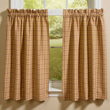 Simmons plaid farmhouse cafe tier curtains set of 2 in tan, cream, light brown, and barn red on kitchen window
