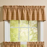 Simmons plaid farmhouse valance in tan, cream, light brown, and barn red hanging on kitchen window

