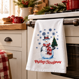 Snowman with Christmas Tree Flour Sack Towel in a Christmas kitchen