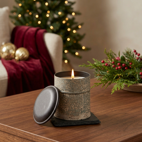 Vintage White Spice Tin candle in a Christmas setting