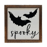 6x6 Spooky Halloween wood sign with black bat silhouettes and script lettering in a rustic brown wood box frame, white background
