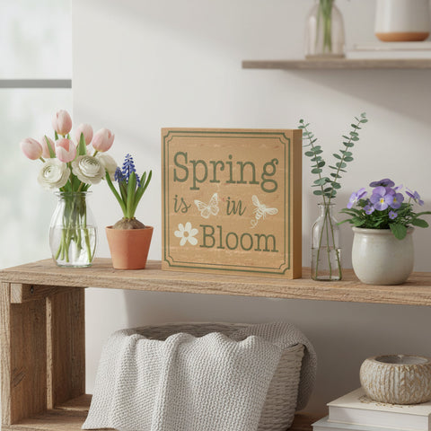 Spring Is In Bloom w/ Butterfly & Bee Block Sign-Lange General Store