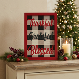 Thankful Grateful Blessed Gingham Sign in a farmhouse Christmas setting