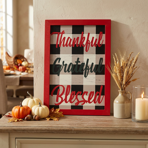Thankful Grateful Blessed Gingham Sign in a Thanksgiving setting