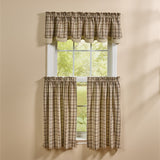 Tinderbox Brown Plaid Layered Valance paired with matching café tier curtains on a window, showing a complete farmhouse window treatment set in brown and oatmeal plaid