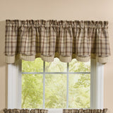 Tinderbox Brown Plaid Layered Valance hung on a window above café tiers, farmhouse cotton valance in brown, oatmeal and espresso plaid with scalloped hem and contrasting stripe border